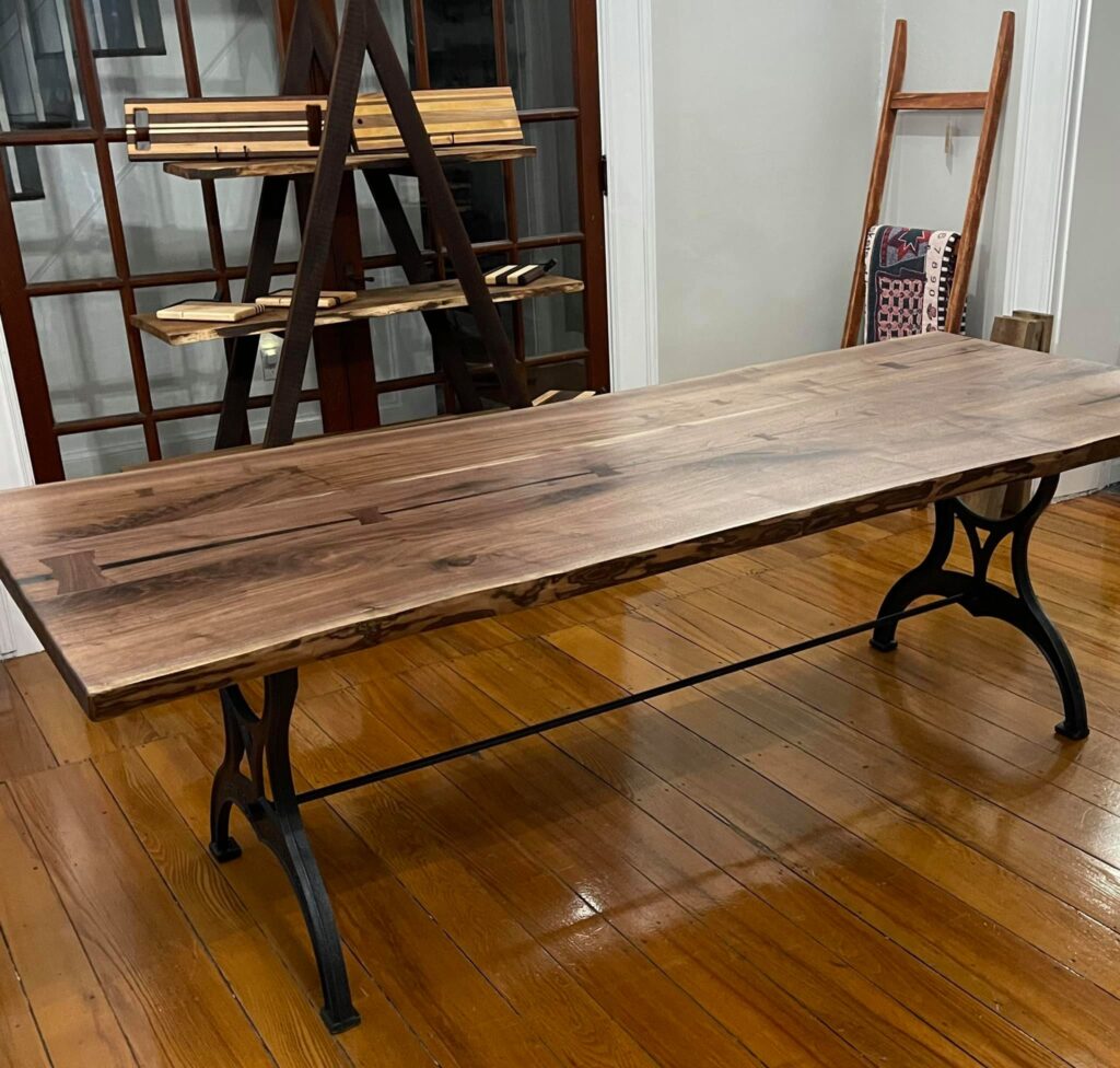wood table with iron base made in springboro ohio